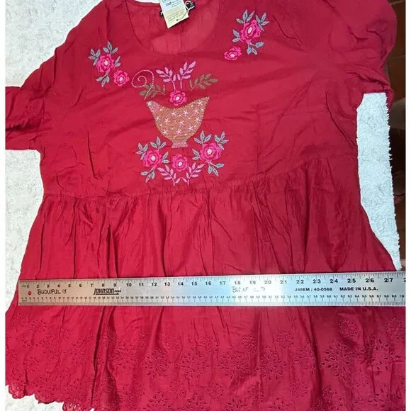 Gudrun Sjoden Okarina Eco-Cotton Blouse Womens XL Cranberry Red Lagenlook New